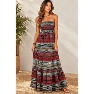 Element Womens S Strapless Maxi Dress Boho Tribal Geometric Smocked Festival